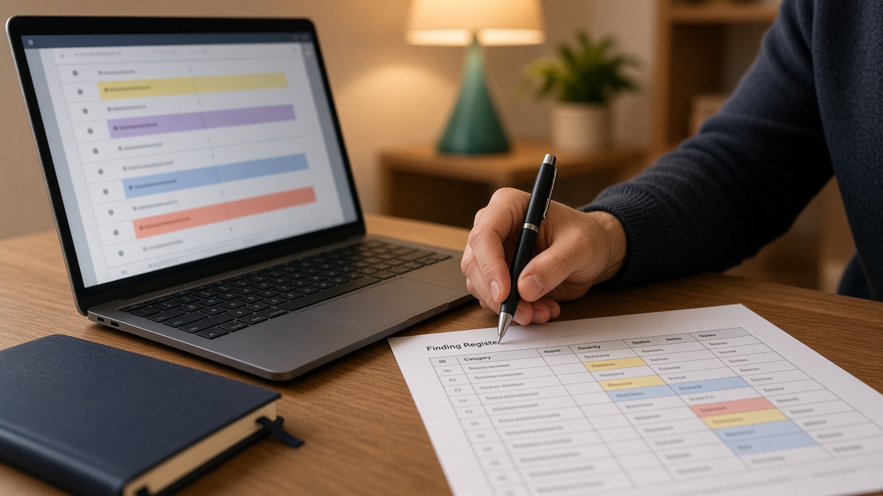 A specialist reviewing AI-drafted findings on paper and screen